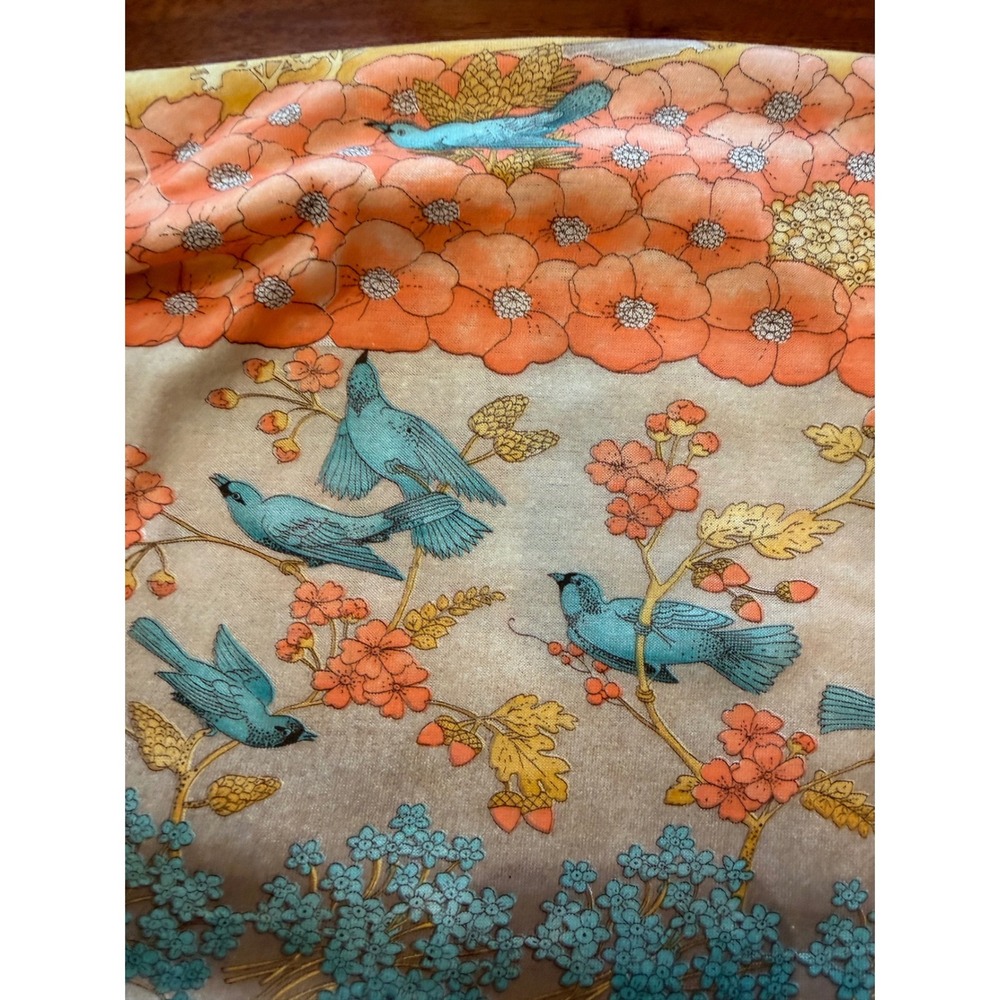 Vintage Scenic Stretch Fabric Blue Birds Orange Village Landscape Print 44"x56" - Picture 4 of 6